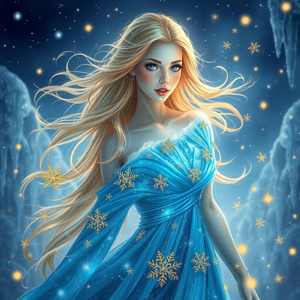 An enchanting portrayal of the Goddess of Eternal Cold, with a stunning twist of golden snowflakes