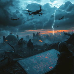 A dramatic and intense scene depicting a clandestine battlefield where various factions engage in covert warfare