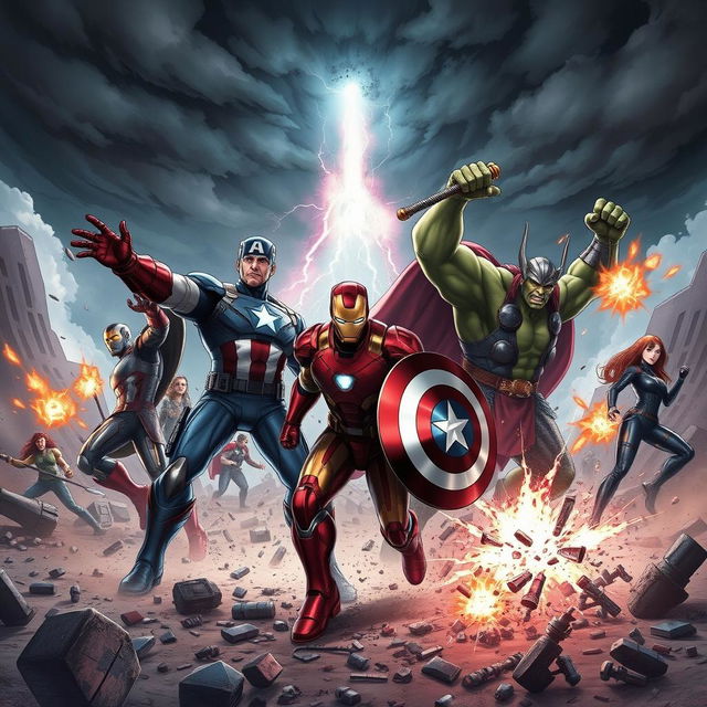 A dynamic and epic scene featuring a gathering of iconic Avengers characters from the Marvel universe, including Iron Man in his high-tech armor, Captain America wielding his shield, Thor with his mighty hammer Mjolnir, Hulk showcasing his immense strength, and Black Widow in a combat pose