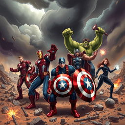 A dynamic and epic scene featuring a gathering of iconic Avengers characters from the Marvel universe, including Iron Man in his high-tech armor, Captain America wielding his shield, Thor with his mighty hammer Mjolnir, Hulk showcasing his immense strength, and Black Widow in a combat pose