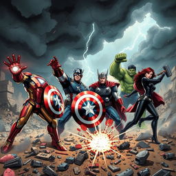 A dynamic and epic scene featuring a gathering of iconic Avengers characters from the Marvel universe, including Iron Man in his high-tech armor, Captain America wielding his shield, Thor with his mighty hammer Mjolnir, Hulk showcasing his immense strength, and Black Widow in a combat pose