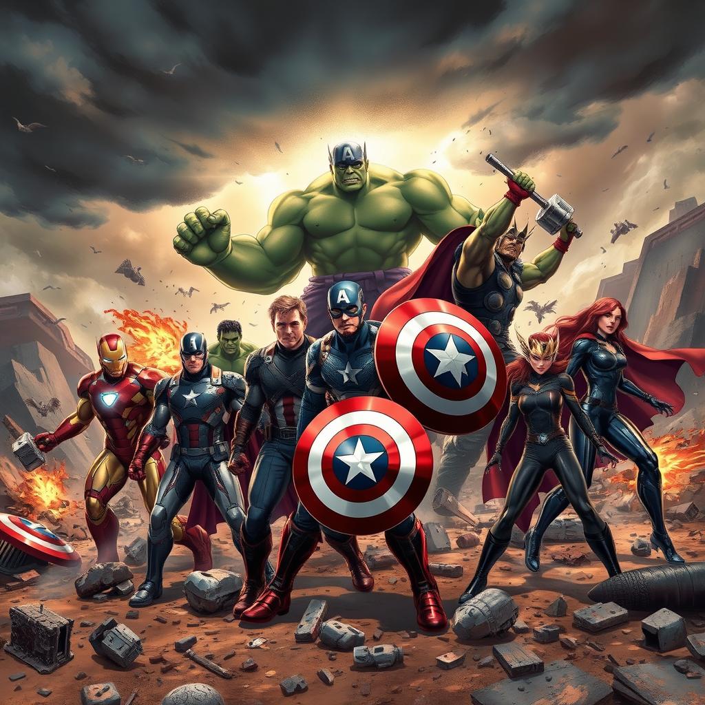 A dynamic and epic scene featuring a gathering of iconic Avengers characters from the Marvel universe, including Iron Man in his high-tech armor, Captain America wielding his shield, Thor with his mighty hammer Mjolnir, Hulk showcasing his immense strength, and Black Widow in a combat pose