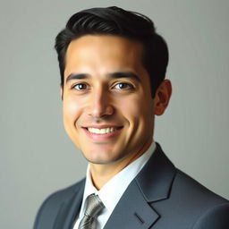 A professional headshot suitable for a resume, featuring a confident individual with a friendly smile, wearing a formal business suit in a neutral background