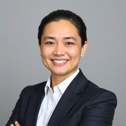 A professional headshot suitable for a resume, featuring a confident individual with a friendly smile, wearing a formal business suit in a neutral background