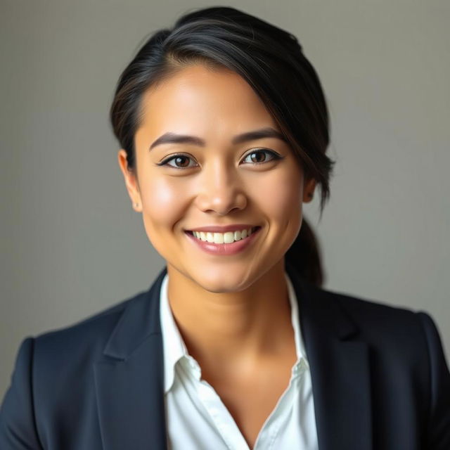 A professional headshot suitable for a resume, featuring a confident individual with a friendly smile, wearing a formal business suit in a neutral background