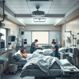 A detailed and realistic portrayal of a Critical Care Unit (CCU) room, showcasing advanced medical equipment such as heart monitors, ventilators, and IV stands