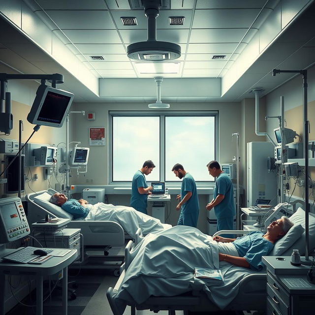 A detailed and realistic portrayal of a Critical Care Unit (CCU) room, showcasing advanced medical equipment such as heart monitors, ventilators, and IV stands