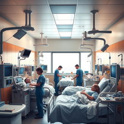 A detailed and realistic portrayal of a Critical Care Unit (CCU) room, showcasing advanced medical equipment such as heart monitors, ventilators, and IV stands