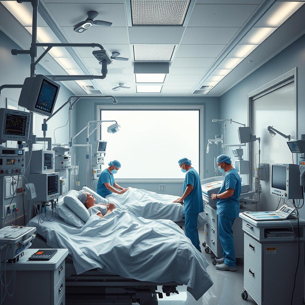 A detailed and realistic portrayal of a Critical Care Unit (CCU) room, showcasing advanced medical equipment such as heart monitors, ventilators, and IV stands