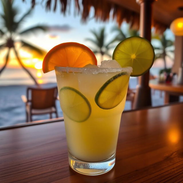 A refreshing margarita cocktail served in a classic salt-rimmed glass, with vibrant green lime slices and a bright orange slice garnished on the rim