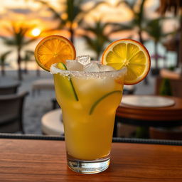 A refreshing margarita cocktail served in a classic salt-rimmed glass, with vibrant green lime slices and a bright orange slice garnished on the rim