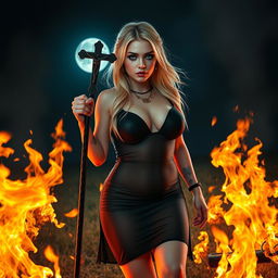 A sexy, sweet, and innocent 18-year-old girl with blond hair, featuring a thin face and a stunningly beautiful figure that is curvy with large round soft breasts, a soft round belly, ultra wide soft fat round hips, and thick round legs