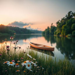 A dreamy and aesthetic photograph of a serene landscape at sunset, characterized by soft pastel colors blending in the sky, reflecting on a tranquil lake surrounded by lush greenery