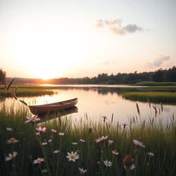 A dreamy and aesthetic photograph of a serene landscape at sunset, characterized by soft pastel colors blending in the sky, reflecting on a tranquil lake surrounded by lush greenery