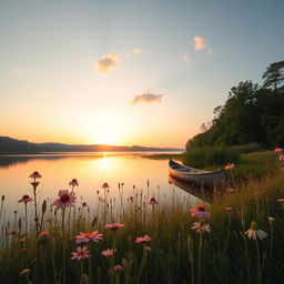 A dreamy and aesthetic photograph of a serene landscape at sunset, characterized by soft pastel colors blending in the sky, reflecting on a tranquil lake surrounded by lush greenery