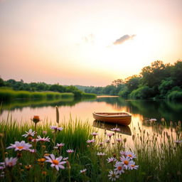A dreamy and aesthetic photograph of a serene landscape at sunset, characterized by soft pastel colors blending in the sky, reflecting on a tranquil lake surrounded by lush greenery
