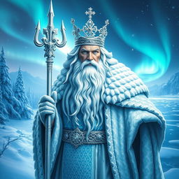 An awe-inspiring portrayal of the Winter God, embodying the essence of winter and order, complete with a magnificent snowy scepter and an ornate crown