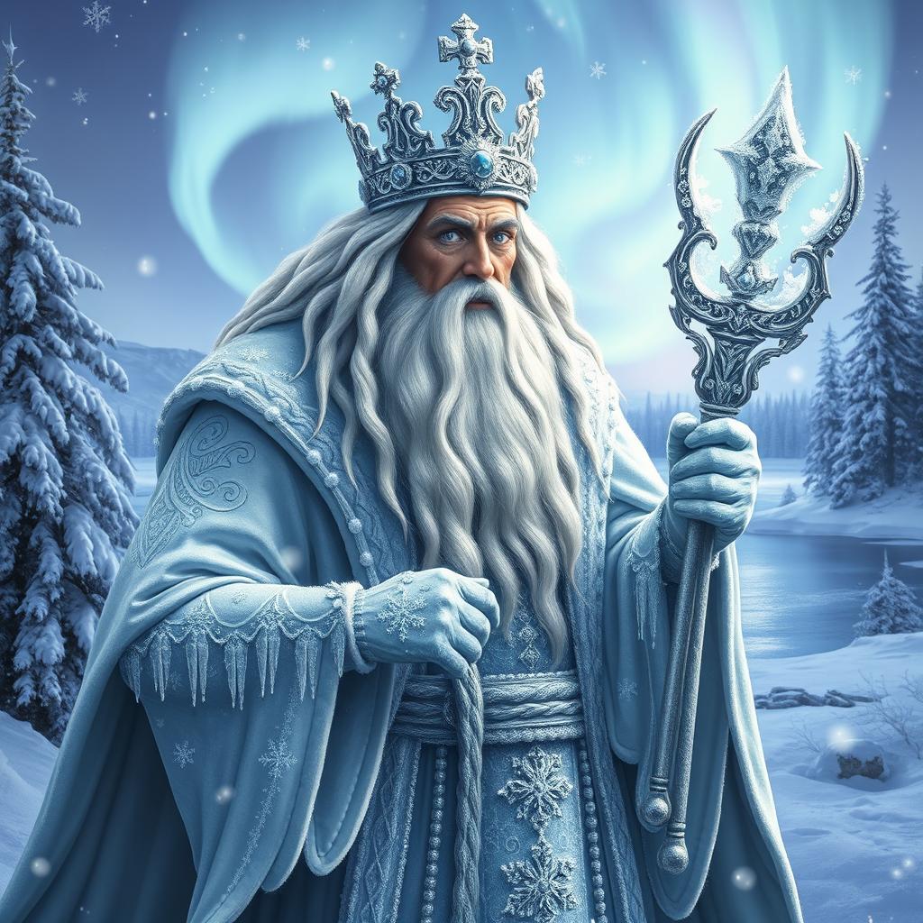 An awe-inspiring portrayal of the Winter God, embodying the essence of winter and order, complete with a magnificent snowy scepter and an ornate crown