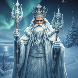 An awe-inspiring portrayal of the Winter God, embodying the essence of winter and order, complete with a magnificent snowy scepter and an ornate crown