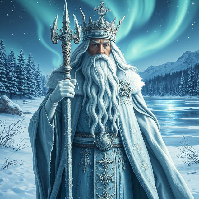 An awe-inspiring portrayal of the Winter God, embodying the essence of winter and order, complete with a magnificent snowy scepter and an ornate crown