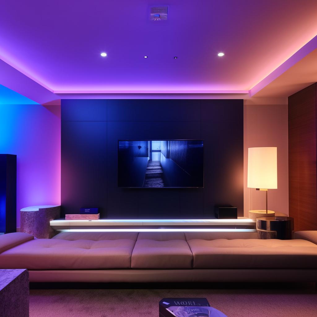 A modern and luxurious TV lounge, featuring a sleek flat-screen TV, minimalist style furniture, ambient LED lighting, and stylish decor.