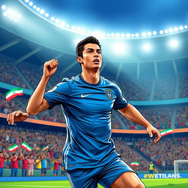 An illustration of Cristiano Ronaldo wearing the blue jersey of Esteghlal F