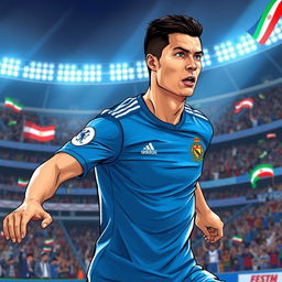 An illustration of Cristiano Ronaldo wearing the blue jersey of Esteghlal F