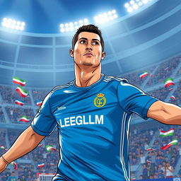 An illustration of Cristiano Ronaldo wearing the blue jersey of Esteghlal F