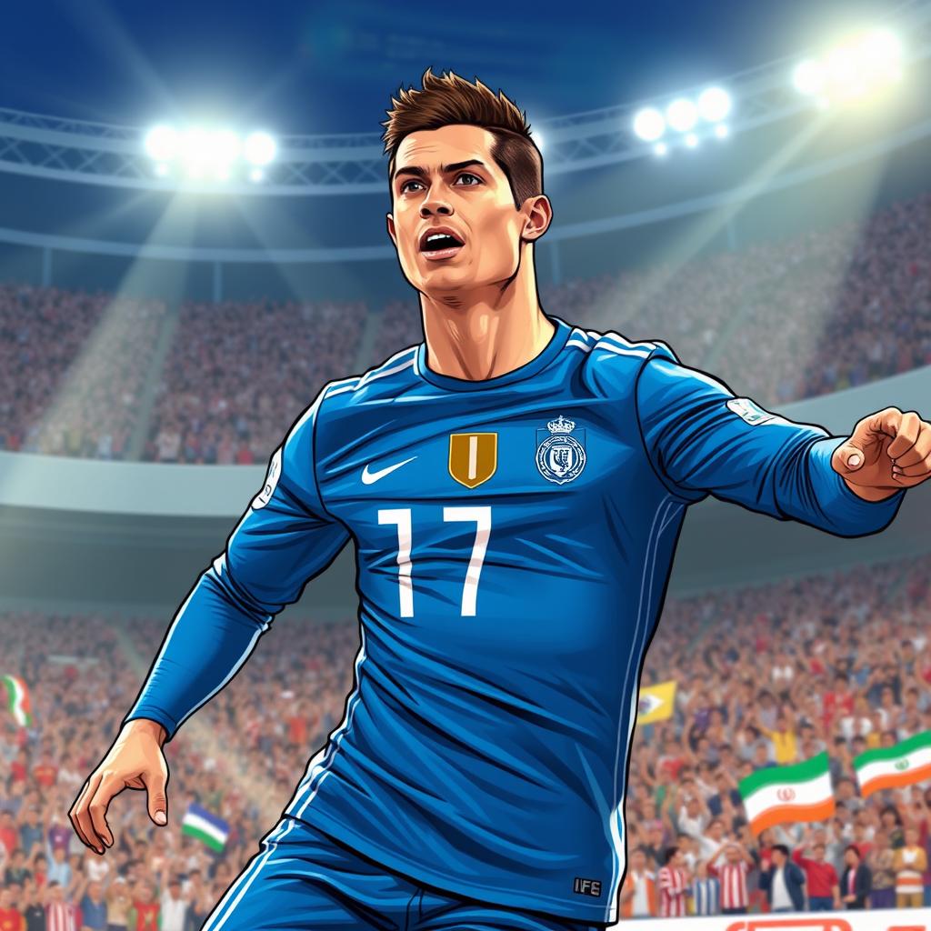 An illustration of Cristiano Ronaldo wearing the blue jersey of Esteghlal F