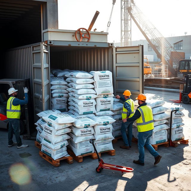 A dynamic scene depicting workers loading bags of Terrafine gypsum into a large industrial container box