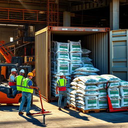 A dynamic scene depicting workers loading bags of Terrafine gypsum into a large industrial container box