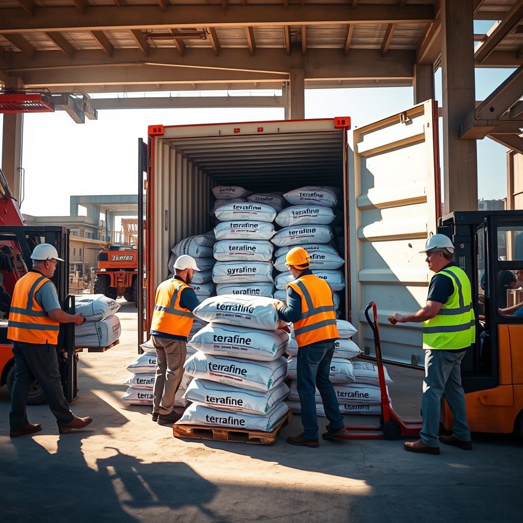 A dynamic scene depicting workers loading bags of Terrafine gypsum into a large industrial container box