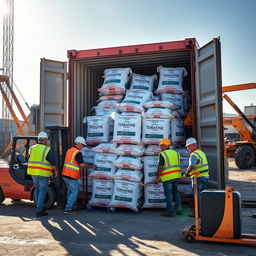 A dynamic scene depicting workers loading bags of Terrafine gypsum into a large industrial container box