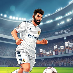 An illustration of Rammin Rezaian, the Iranian football player, wearing the iconic white jersey of Real Madrid