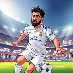 An illustration of Rammin Rezaian, the Iranian football player, wearing the iconic white jersey of Real Madrid