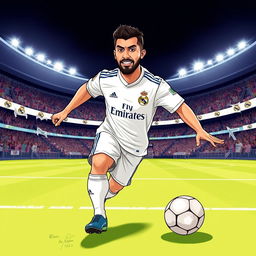 An illustration of Rammin Rezaian, the Iranian football player, wearing the iconic white jersey of Real Madrid