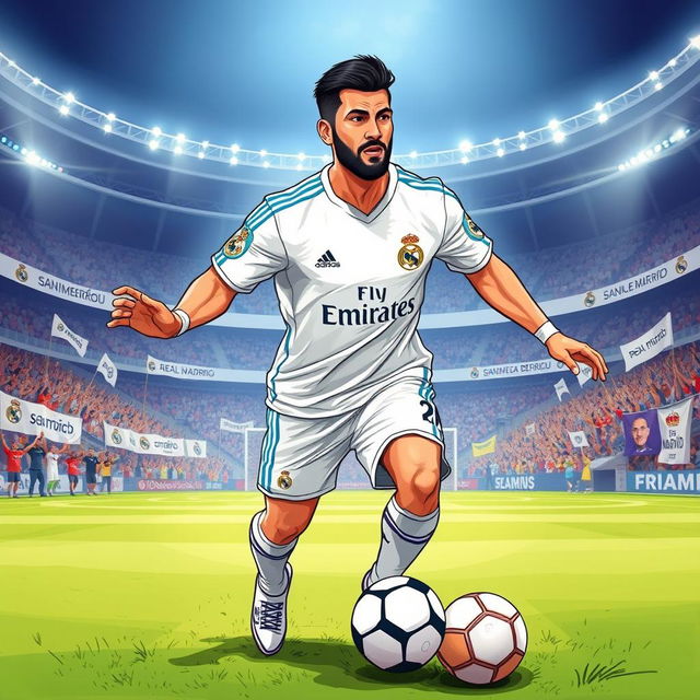 An illustration of Rammin Rezaian, the Iranian football player, wearing the iconic white jersey of Real Madrid