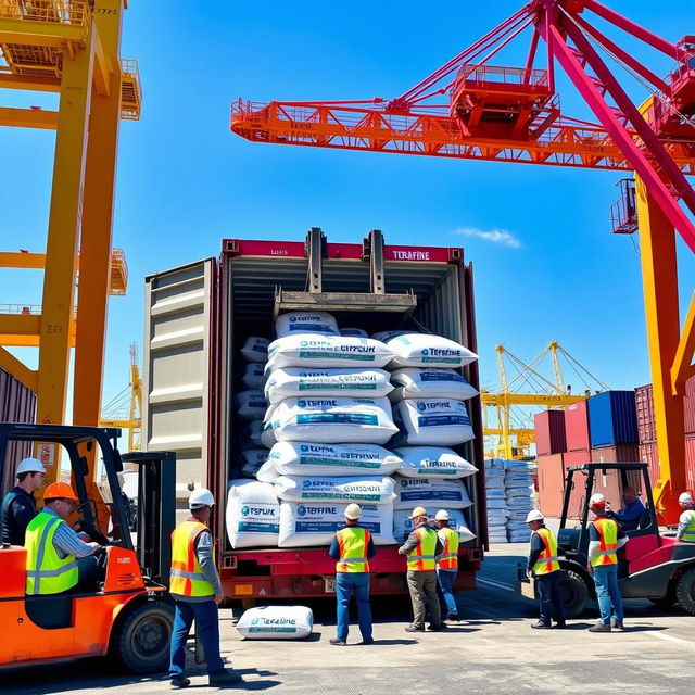 A busy shipping yard scene showcasing workers loading bags of Terrafine gypsum into a large shipping container box