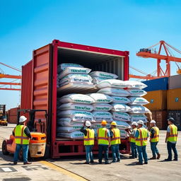 A busy shipping yard scene showcasing workers loading bags of Terrafine gypsum into a large shipping container box
