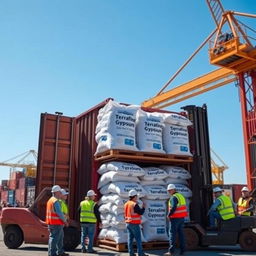 A busy shipping yard scene showcasing workers loading bags of Terrafine gypsum into a large shipping container box