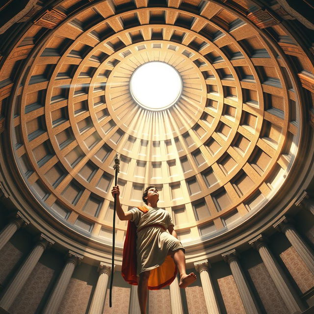 A book cover design in A5 size featuring an interior view of the Roman Pantheon dome, showcasing the grand oculus above