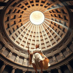 A book cover design in A5 size featuring an interior view of the Roman Pantheon dome, showcasing the grand oculus above