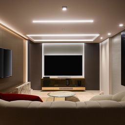 A modern and luxurious TV lounge, featuring a sleek flat-screen TV, minimalist style furniture, ambient LED lighting, and stylish decor.