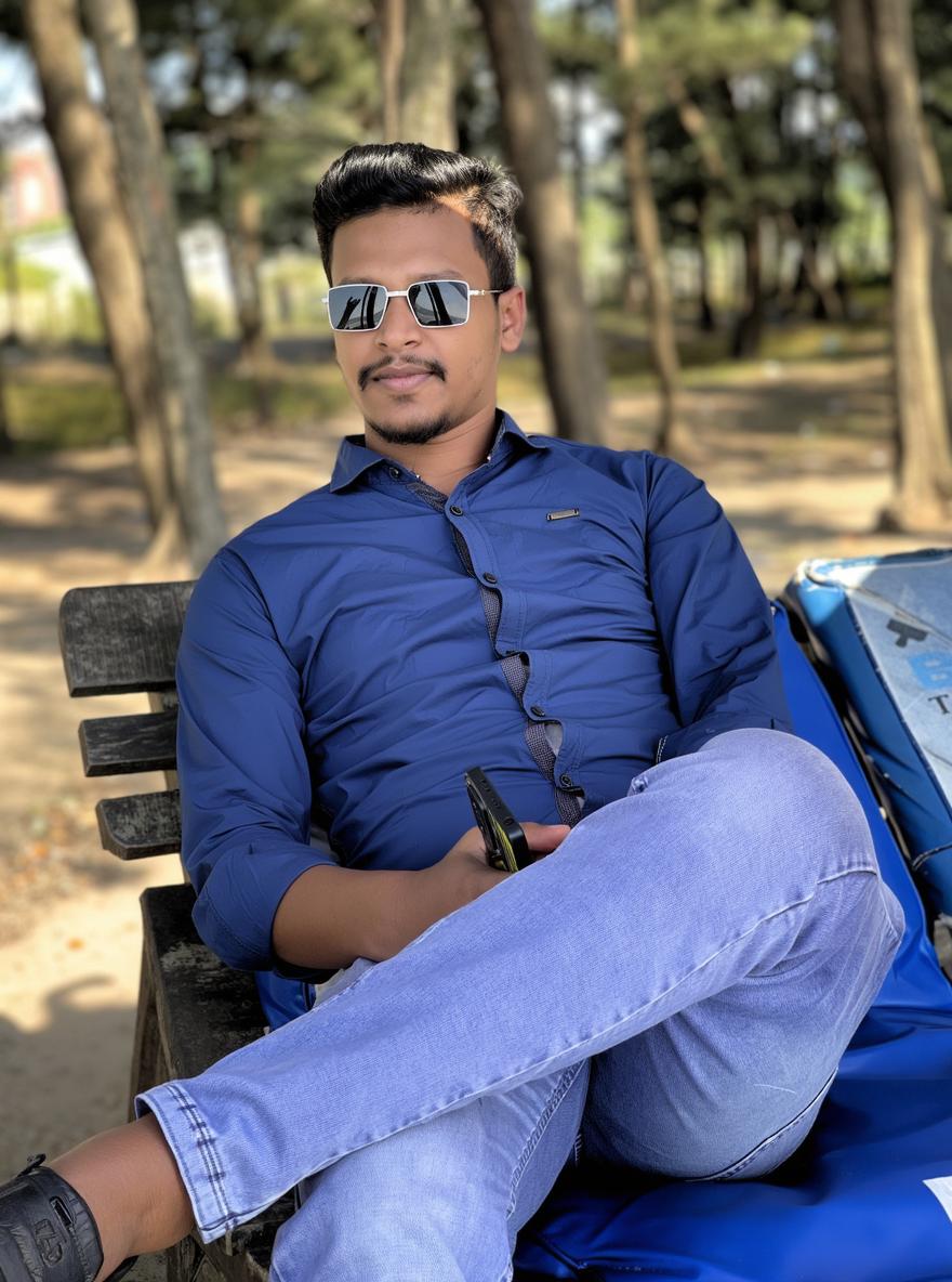 A stylish young man sitting casually on a park bench, wearing a navy blue shirt and sunglasses, with a confident expression