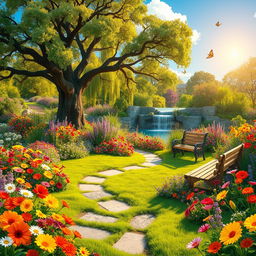 A vibrant and enchanting garden scene, filled with a lavish array of colorful flowers in full bloom