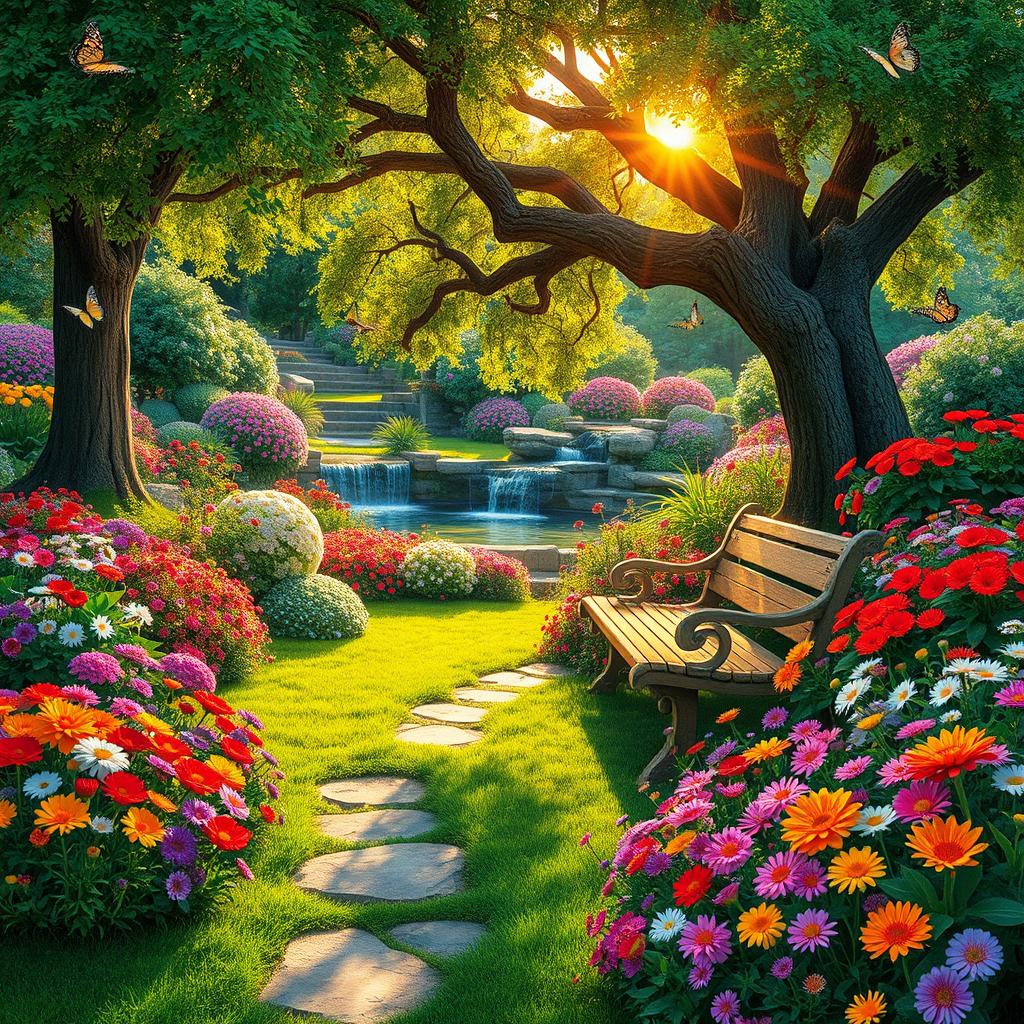 A vibrant and enchanting garden scene, filled with a lavish array of colorful flowers in full bloom