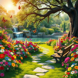 A vibrant and enchanting garden scene, filled with a lavish array of colorful flowers in full bloom