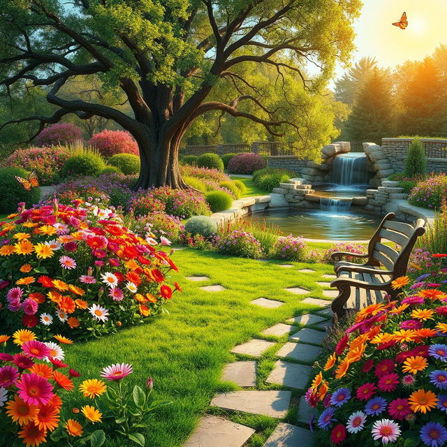 A vibrant and enchanting garden scene, filled with a lavish array of colorful flowers in full bloom