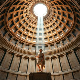 A book cover design in A5 size featuring an interior perspective of the Roman Pantheon dome, prominently displaying the grand oculus above