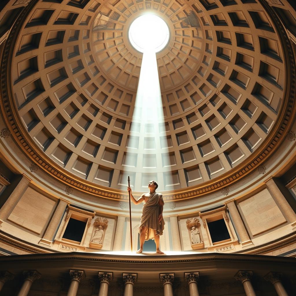 A book cover design in A5 size featuring an interior perspective of the Roman Pantheon dome, prominently displaying the grand oculus above